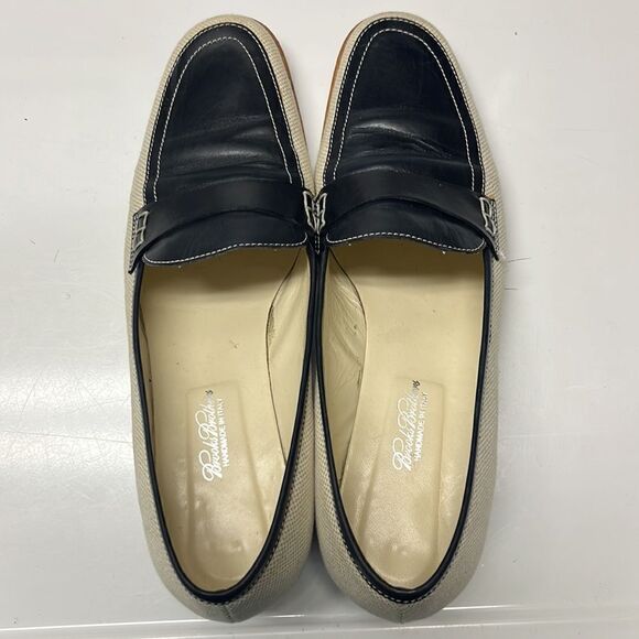 Brooks Brothers Beige Navy Twill and Leather Classic Slip-On Loafers- Size 8 - Picture 2 of 13